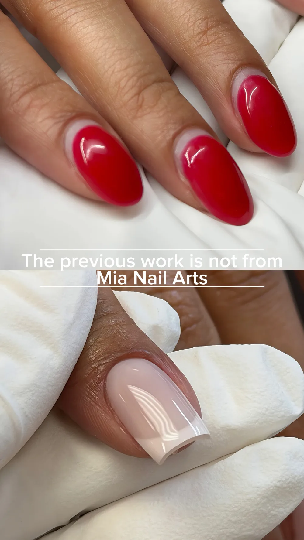 Red almond gel extensions beside a soft French set