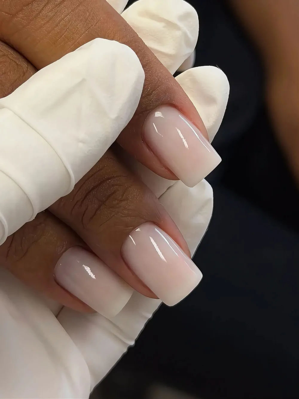 Milky nude square gel extensions with a high-gloss finish