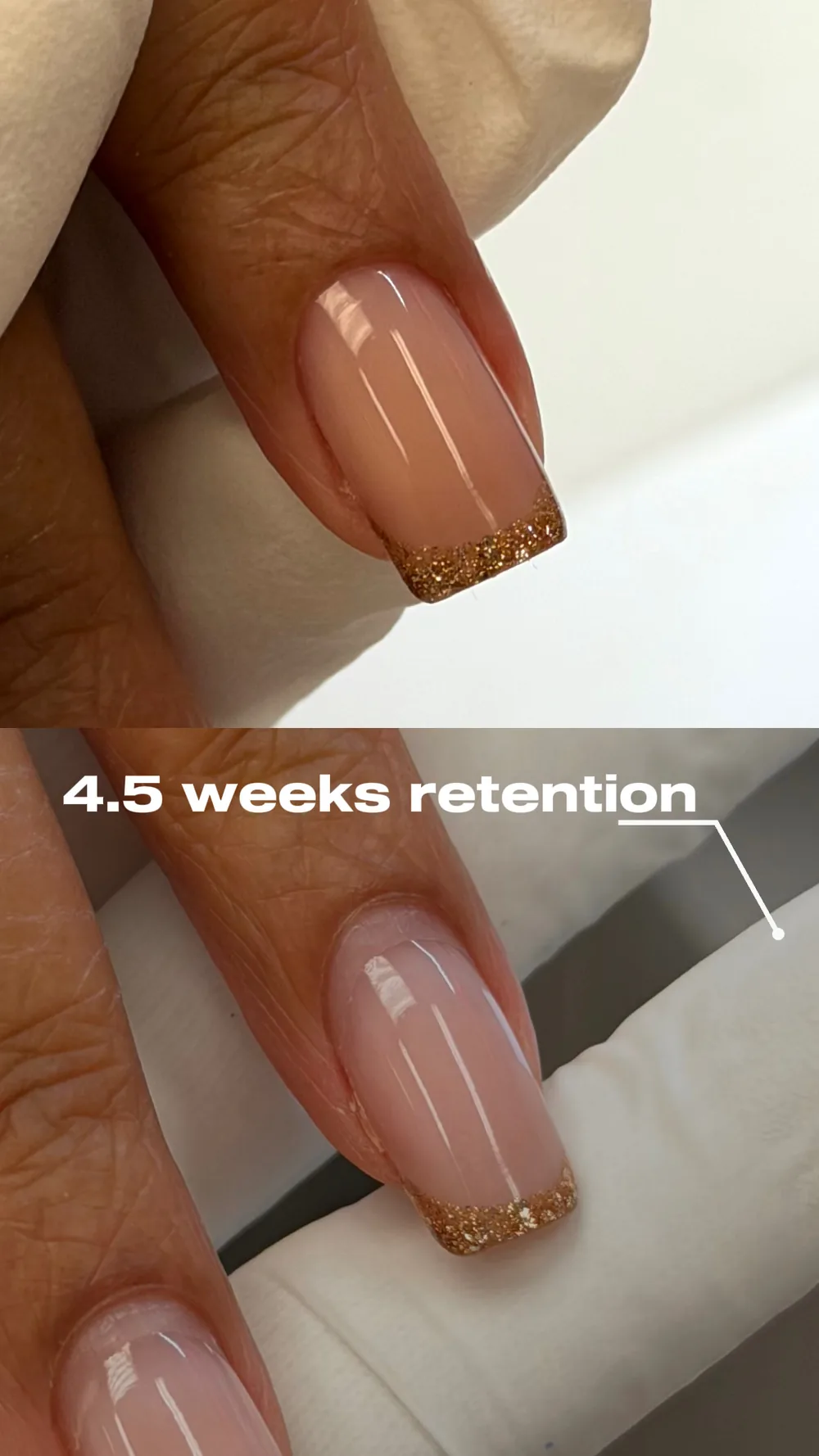Gold glitter French tips showing 4.5 weeks of retention
